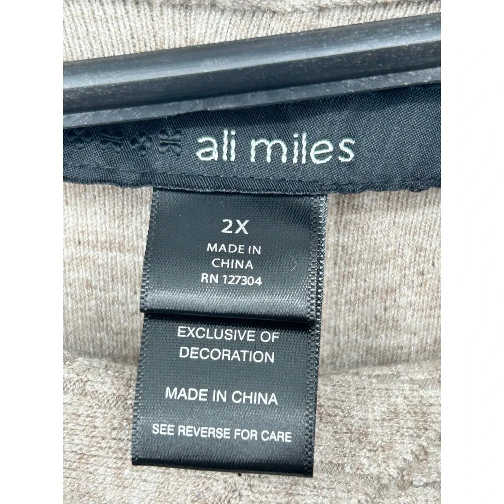 NEW Ali Miles Women's 2X Beige Cowl Neck 3/4‎ Sleeve Button Back Sweater Sparkle